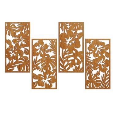Imagem de 4 peças decoração de parede tropical recorte folha de palmeira arte de parede minimalista monstera esculturas de madeira hibisco decoração planta vintage placa para casa de banho escritório, 20 x 40