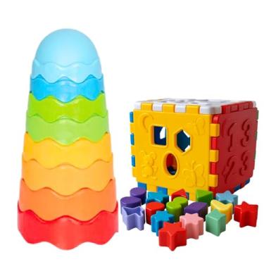 Imagem de Kit Brinquedos Educativos Bebê 1 Ano Blocos Didáticos Encaixe Formas Cores Coordenação Motora Pedagógico Empilhar Colorido Atividades