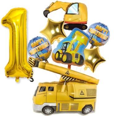 Imagem de Balões de construção, 1º aniversário, 9 peças de balões dourados número 1 de 101 cm com escavadeira grande caminhão basculante guindaste escavadora bulldozer Foil Mylar conjunto de balões para meninos