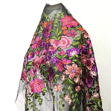 Imagem de 39,9 cm de largura floral floral colorido bordado acabamento em renda tecido costura em apliques por jarda para roupas artesanais DIY vestido de noite decoração de casa (preto 2 jardas)