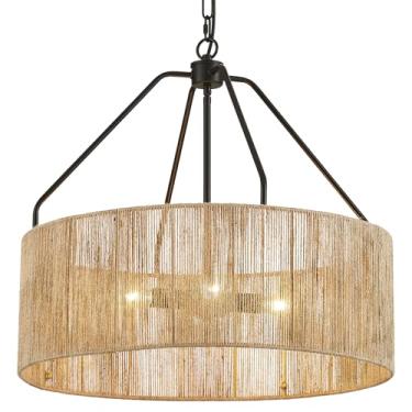 Imagem de VANZARLA Lustre moderno de fazenda para sala de jantar, lustre preto de 4 luzes para entrada, luz pendente de tambor tecido à mão para quarto, cozinha, foyer berçário