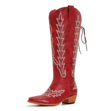 Imagem de Botas femininas caubói de panturrilha larga altura do joelho botas de vaqueira ocidental ajustáveis com cadarço plus size confortável salto de 5 cm, Vermelho A, 11 Wide