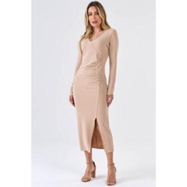 Imagem de Vestido Midi PKS Jacquard Pied De Poule Bege-Feminino
