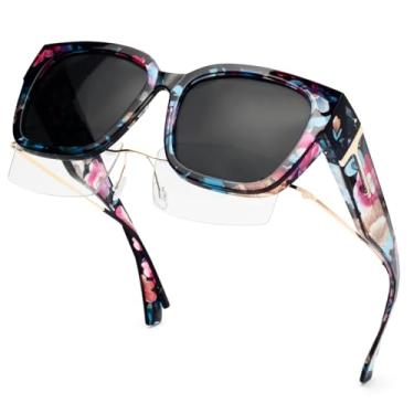 Imagem de Face Shadow Óculos de sol polarizados sobre óculos femininos com proteção UV quadrada leve, Armação floral/lente cinza