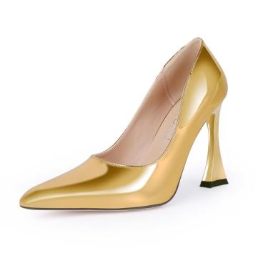 Imagem de Tiioomu Scarpin Feminino - Salto Agulha Feminino, Bico Fino 4" Com Sola De Tpr E Palmilha Látex, Couro Sintético Elegante, Formal Casual A/Gold