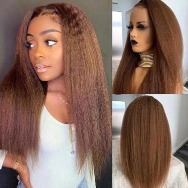 Imagem de Peruca de cabelo humano liso crespo marrom chocolate 33 x 15 para mulheres 180% densidade HD peruca frontal transparente pré-arrancada com BabyHair linha do cabelo natural Yaki liso virgem cabelo