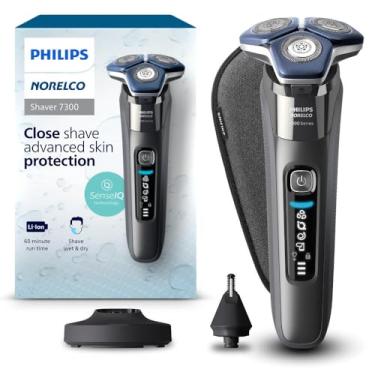 Imagem de Philips Norelco Shaver 7300, barbeador elétrico recarregável a seco e molhado com tecnologia SenseIQ, aparador pop-up, suporte de carregamento, aparador de nariz click-on e estojo de viagem, S7887/92