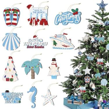Imagem de Blulu 12 peças de enfeites de Natal, conchas de oceano e elementos de estrela do mar, chinelos de madeira para decoração de árvore de Natal