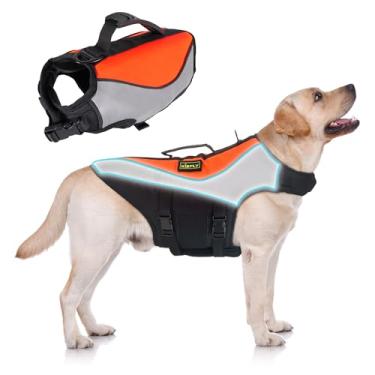 Imagem de Colete salva-vidas refletivo resistente para natação - Colete flutuante ajustável para cães com alça de resgate, colete salva-vidas PFD para piscina e praia para cães grandes (3GG, laranja)