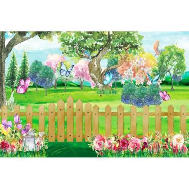 Imagem de Painel De Lona Jardim Aquarela Cerca De Madeira e Flores - Fabrika de 