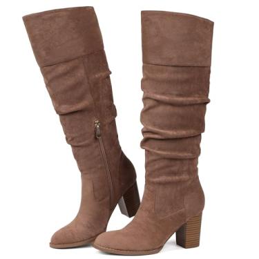 Imagem de Erocalli Bota feminina de camurça, cano alto, salto alto, folgada, bico redondo, zíper lateral, 1 Cáqui, 36