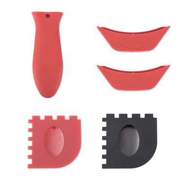 Imagem de 5 Peças Capa Silicone Alça para Lodge Frigideiras Ferro Fundido, Inclui Suporte para Panela 2 Capas Alça Auxiliares e 2 Raspadores de Grelha Resistente Ao Calor e Lavável na Máquina Lavar Louças