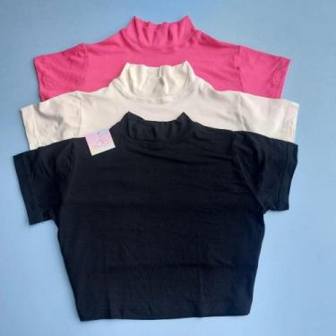 Imagem de Kit 3 Cropped Feminino Manga Curta Viscolycra Gola Alta Confortável - 
