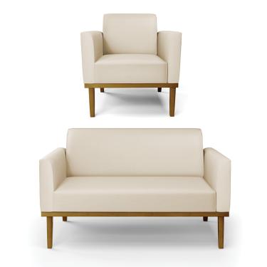 Imagem de Sofá Namoradeira com Poltrona Base de Madeira Fixa Castanho Marisa Corino Bege  D03 - D'Rossi
