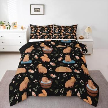 Imagem de Erosebridal Conjunto de cama solteiro com desenho animado de capivara, decoração de capivara, para quarto de meninas, adolescentes, mulheres e adultos, floral rosa, preto, edredom fofo com 1 fronha