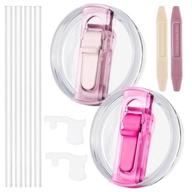 Imagem de Dsnirasy Pacote com 2 tampas à prova de vazamento para Stanley H2.0 Quencher de 1,134 g, substituição sem derramamento de tampas 1,134 g para Stanley ProTour, com bocal removível (rosa + quartzo rosa)