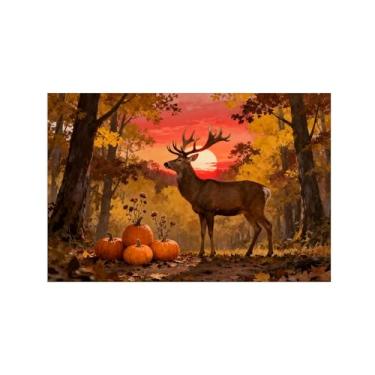Imagem de Quadro parede outono-Árvore abóbora sol veado Impressões em tela paisagens-Pintura animais para sala estar decoração fazenda 20x30cm Sem Moldura