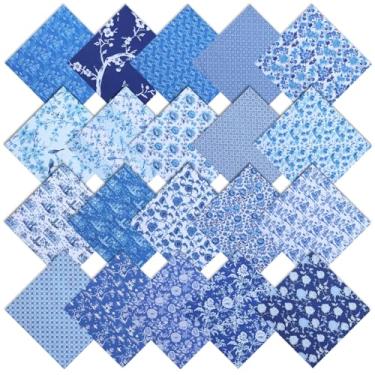 Imagem de 20 unidades de pacotes de tecido acolchoado floral azul vintage quadrados de tecido de algodão 25 x 25 cm pré-cortados tecidos acolchoados patchwork floral para decoração de festa artesanal DIY
