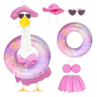 Imagem de Roupa de verão de ganso de varanda para cimento ou plástico estátua de pátio de gramado de 58 cm, roupas de ganso de biquíni, roupa de ganso havaiano com chapéu, óculos de sol e anel de natação para