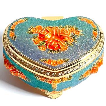 Imagem de KiteStar Caixa de joias em forma de coração, baú de joias de metal com relevo de rosa, estojo de armazenamento de anel de colar e brincos para mulheres (luz das estrelas douradas, azul-roxo, médio)