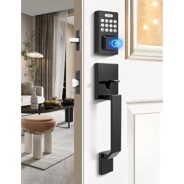 Imagem de Tinewa Fechaduras inteligentes para porta da frente - Fechadura de porta de entrada preta sem chave com alavanca de porta clássica, fechadura de teclado digital eletrônico com impressão digital