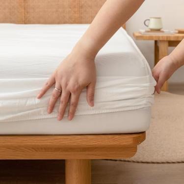 Imagem de BESTOUCH Lençol com elástico 100% algodão lavado e linho, cabe facilmente em bolsos profundos de até 43,2 cm, cor lisa, solteiro