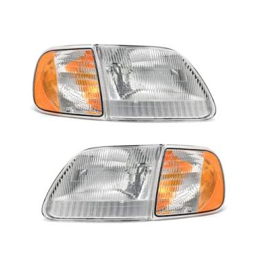 Imagem de Farol para Ford F-150 Heritage 2004, compatível com Ford 97-03 F-150, carcaça cromada, lente âmbar transparente, refletor de substituição para motorista e par de passageiros