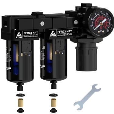Imagem de ATINY Regulador duplo de pressão de ar NPT de 3/8 com filtro, regulador de compressor de filtro de ar, separador de óleo de água para compressor de ar, cartucho de filtro de 5 e 5 mícrons, drenagem