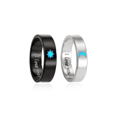 Imagem de HUASAI Anéis de casal para ele e ela, sol, lua, gravado, "I Love You" que brilha no escuro, presentes românticos para ela, Large, Zinco, Sem pedra preciosa