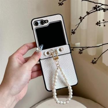 Imagem de Capa para Galaxy Z Flip5, capa de couro perolado de luxo com dobradiça e corrente de pérola, capas rígidas fofas (para Galaxy Z Flip5/04)