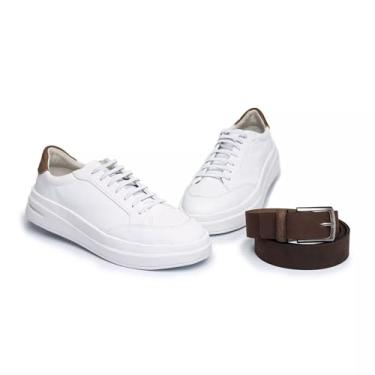 Imagem de ThézB Sapatênis Casual Masculino em Couro Sintético, Confortável e Moderno, com Sola Tratorada e Cinto de Couro, para Uso Social e Casual (Branco, BR, Adulto, Numérico, 44)