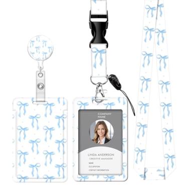 Imagem de Cordão retrátil para crachá de identificação com clipe e chaveiro, ajustável, bonito carretel de separação, durável, perfeito para mulheres enfermeiras, professoras, trabalhadoras de escritório (laço