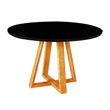 Imagem de Mesa De Jantar Luxo Tampo Mdf/vidro Redonda Para 4 Lugares Pés Madeira Maciça Pérola - Mel/preto