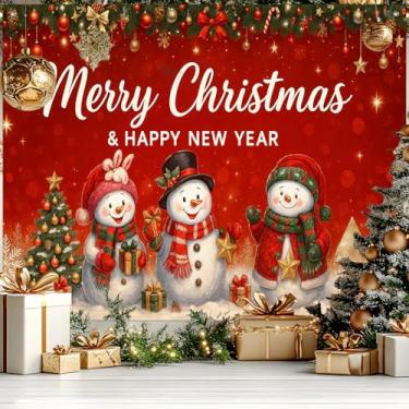 Imagem de BlissYard Banner de pano de fundo de Natal 2,4 x 1,8 m, boneco de neve, Feliz Natal, Feliz Ano Novo, decoração vermelha para festas de inverno e festas festivas, suporte para pendurar na parede