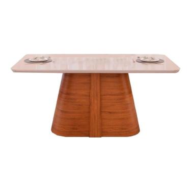 Imagem de Mesa Para Cozinha Ryze Com Tampo Madeirado Vidro Curvo 180x100cm Freijó Off White Dj Móveis