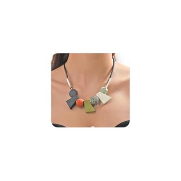 Imagem de Colar geométrico exagerado de clavícula de contas redondas para mulheres, colar com pingente de bloco de resina colorido boêmio, acessórios de joias personalizados, Large, Resina, Sem Pedra Preciosa