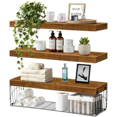 Imagem de Pacote com 3 prateleiras de banheiro de 61 cm de comprimento, prateleiras flutuantes de madeira rústica para banheiro, armazenamento de papel higiênico, prateleira suspensa para decoração de casa de