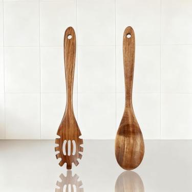 Imagem de 2 colheres de madeira para cozinhar, utensílios de cozinha de madeira para macarrão, utensílios de cozinha antiaderentes para servir, mexer e misturar (garfo de massa e colher plana)