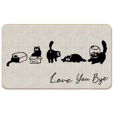 Imagem de WARDOS Tapete de porta de gato, Love You Bye, tapete de boas-vindas de gato preto fofo para porta da frente ao ar livre, entrada interna, varanda, capacho engraçado para gatos pretos externos, 43 x 76