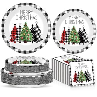 Imagem de 100 peças de pratos e guardanapos de papel xadrez buffalo, preto e branco, decoração de mesa de guingão, utensílios de mesa descartáveis, utensílios de mesa de Natal para festas de aniversário, 100
