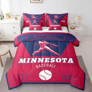 Imagem de Feelyou Conjunto de edredom de beisebol com 7 peças, tamanho Queen, Minnesota, para crianças, meninos, meninas, beisebol, cidade, decoração de quarto, respirável, macio e leve de microfibra