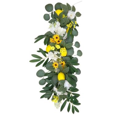 Imagem de Decoração de casa floral de primavera, guirlanda artificial de limão de 59,9 cm, grinalda de videira de 60 cm com girassóis, folhas verdes, decoração de boas-vindas para porta da frente, limão