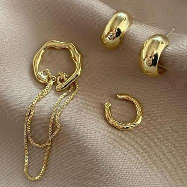 Imagem de Conjunto de orelha de corrente de metal irregular de 4 peças, joia de escalador de orelha sem piercing em tom dourado para mulheres, coleção de brincos minimalistas geométricos, uso diário para todas