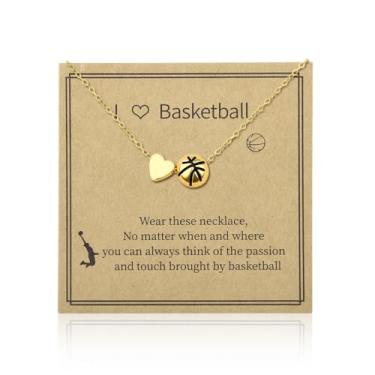 Imagem de Colar de coração de basquete para amantes de basquete, presentes de aniversário e Natal para filho, filha, dourado, basquete, pingentes para apreciação do treinador, presentes inspiradores para amiga