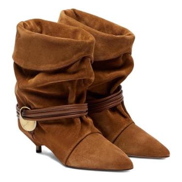 Imagem de Botas femininas despojadas de salto gatinho bico fino camurça cano curto casual inverno botas curtas, Camurça marrom, 36