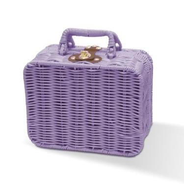 Imagem de Cesta de piquenique de vime, mala decorativa, organizador de maquiagem, cesto de armazenamento vintage, caixa de armazenamento de vime com trava de metal com alças para diversos, viagens, acampamento