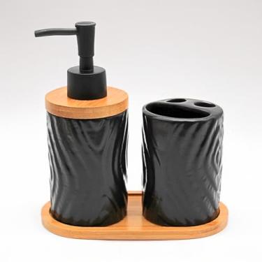 Imagem de Kit Lavabo Luxo com dispenser de sabonete líquido, porta-escovas e bandeja de bambu. Multifincional (Preto)