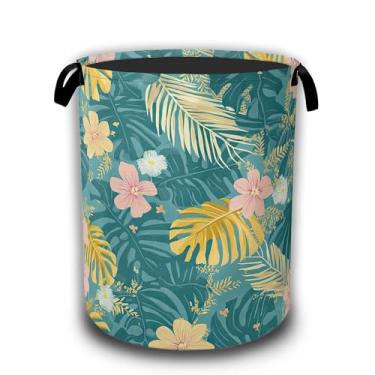 Imagem de Cesto de lavanderia havaiano, cestos de lavanderia dobráveis com folhas de palmeira tropicais, pano Oxford à prova d'água com alças, organizador de brinquedos para banheiro/berçário/quarto, 41 x 52,8