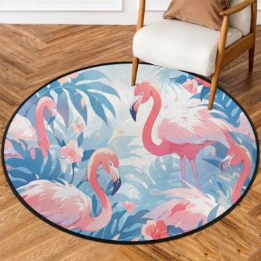 Imagem de Tapete redondo de 1,5 m com folha de flamingo, tapete circular antiderrapante, lavável, tapete de porta circular para quarto, berçário, sala de estar, cozinha, banheiro, entrada, decoração de casa