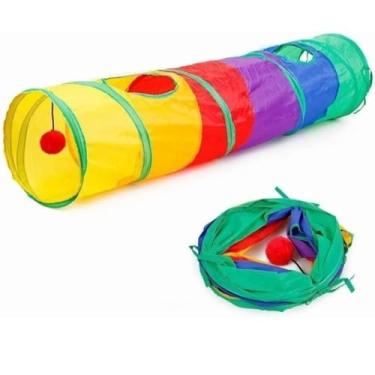 Imagem de Túnel Colorido para Gatos Multi Entrada com Bolinha, Poliéster e Aço, 110cm x 25cm, Dobrável, Brinquedo Interativo